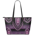Purple And Black African Dashiki Print Leather Tote Bag With Zipper