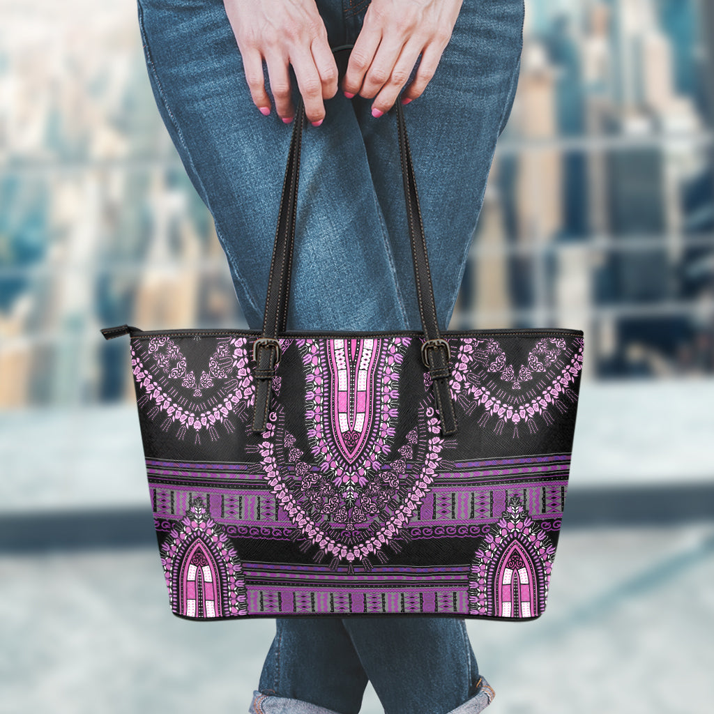 Purple And Black African Dashiki Print Leather Tote Bag