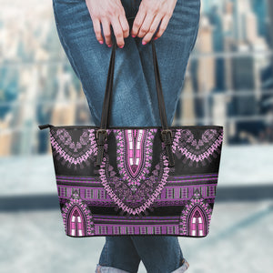 Purple And Black African Dashiki Print Leather Tote Bag