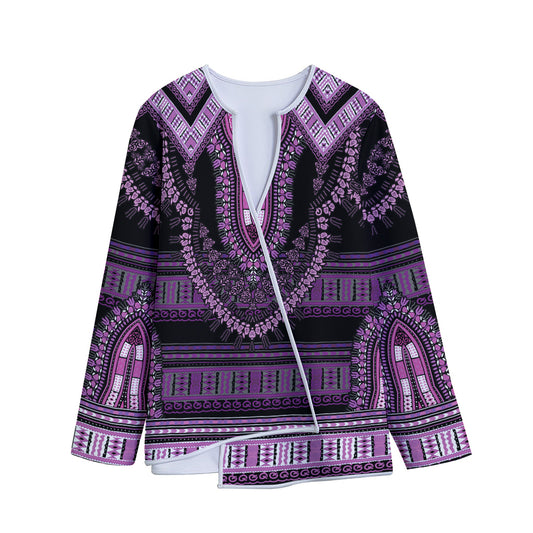 Purple And Black African Dashiki Print Long Sleeve Short Coat