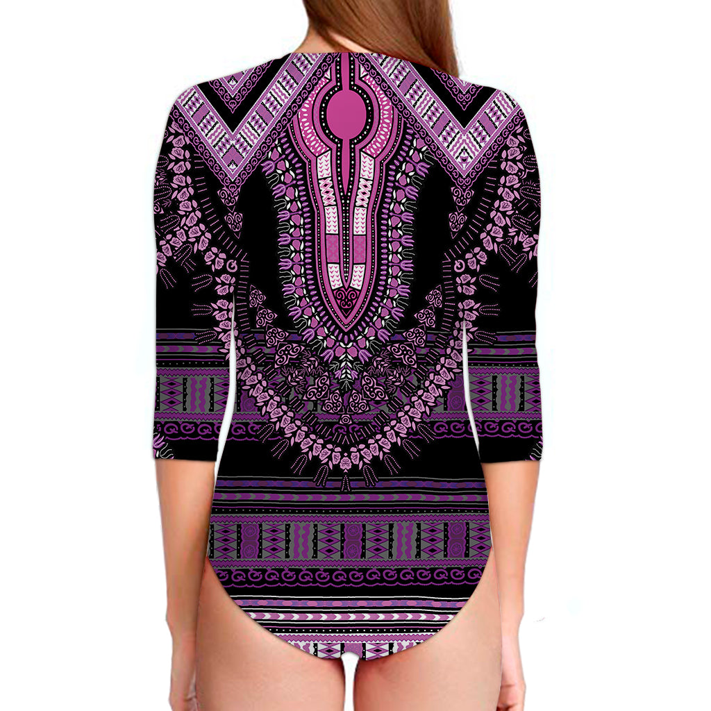 Purple And Black African Dashiki Print Long Sleeve Swimsuit