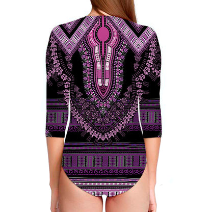 Purple And Black African Dashiki Print Long Sleeve Swimsuit