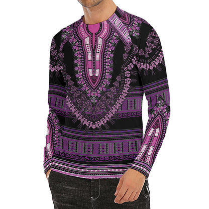 Purple And Black African Dashiki Print Men's Long Sleeve Rash Guard
