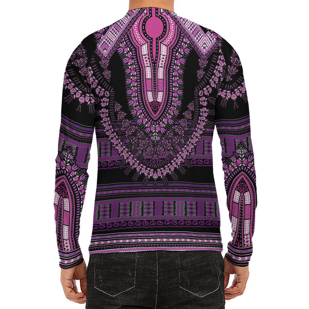 Purple And Black African Dashiki Print Men's Long Sleeve Rash Guard