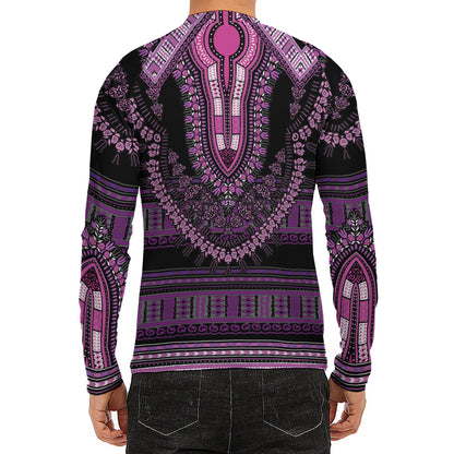 Purple And Black African Dashiki Print Men's Long Sleeve Rash Guard