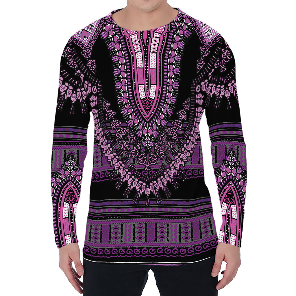 Purple And Black African Dashiki Print Men's Long Sleeve T-Shirt
