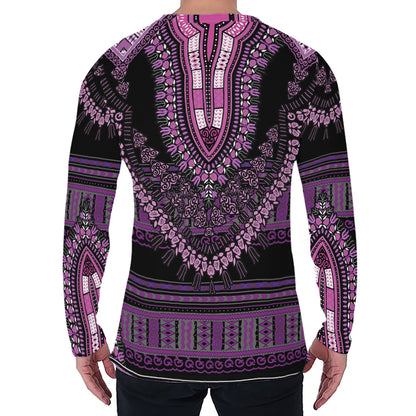 Purple And Black African Dashiki Print Men's Long Sleeve T-Shirt