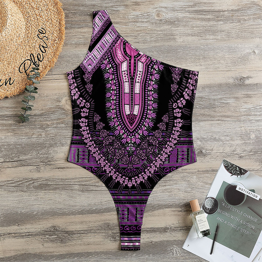 Purple And Black African Dashiki Print One Shoulder Bodysuit