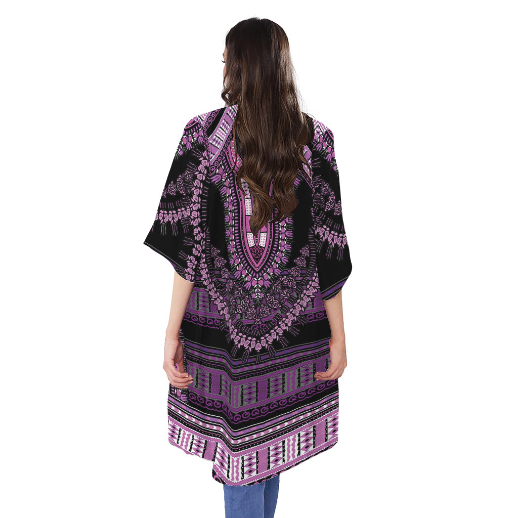 Purple And Black African Dashiki Print Open Front Beach Cover Up