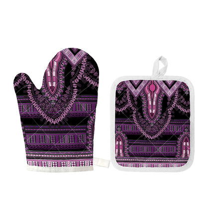 Purple And Black African Dashiki Print Oven Mitt And Pot Holder Set