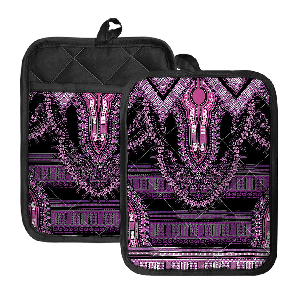 Purple And Black African Dashiki Print Pot Holders With Pocket