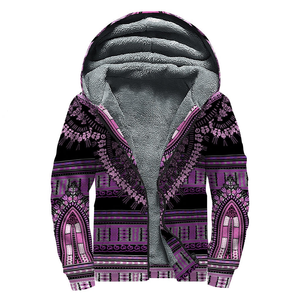 Purple And Black African Dashiki Print Sherpa Lined Zip Up Hoodie