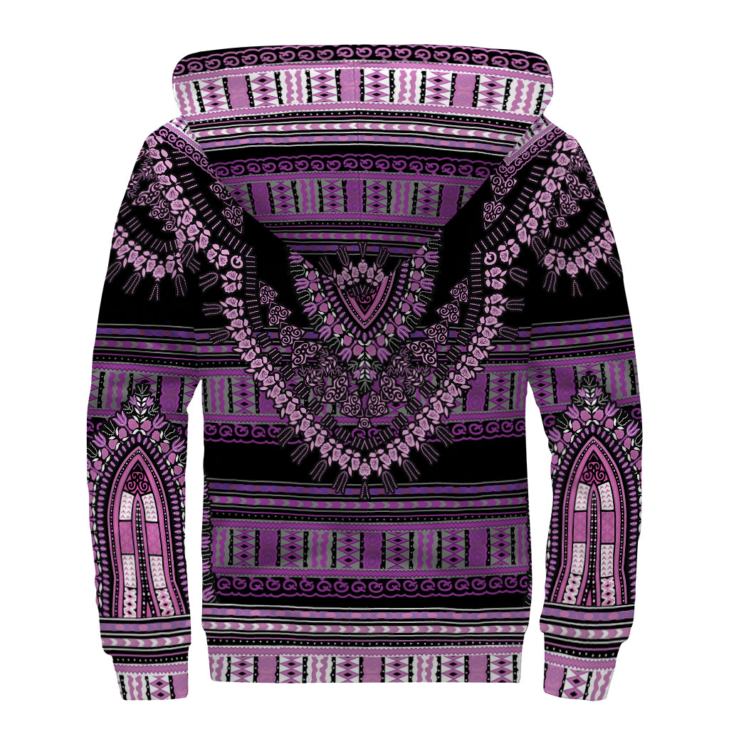 Purple And Black African Dashiki Print Sherpa Lined Zip Up Hoodie