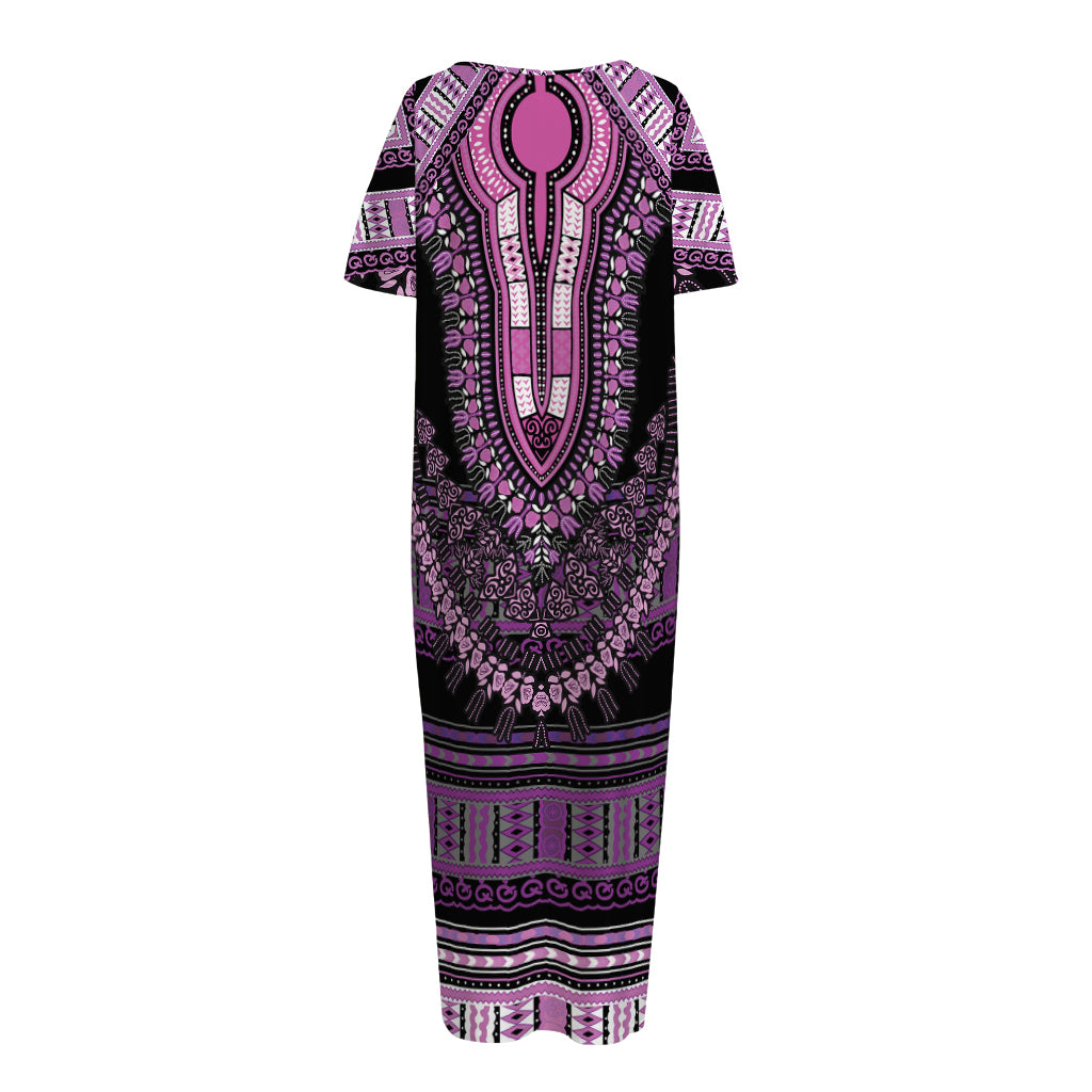 Purple And Black African Dashiki Print Short Sleeve Long Nightdress