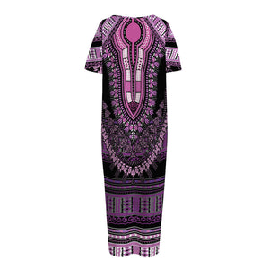 Purple And Black African Dashiki Print Short Sleeve Long Nightdress