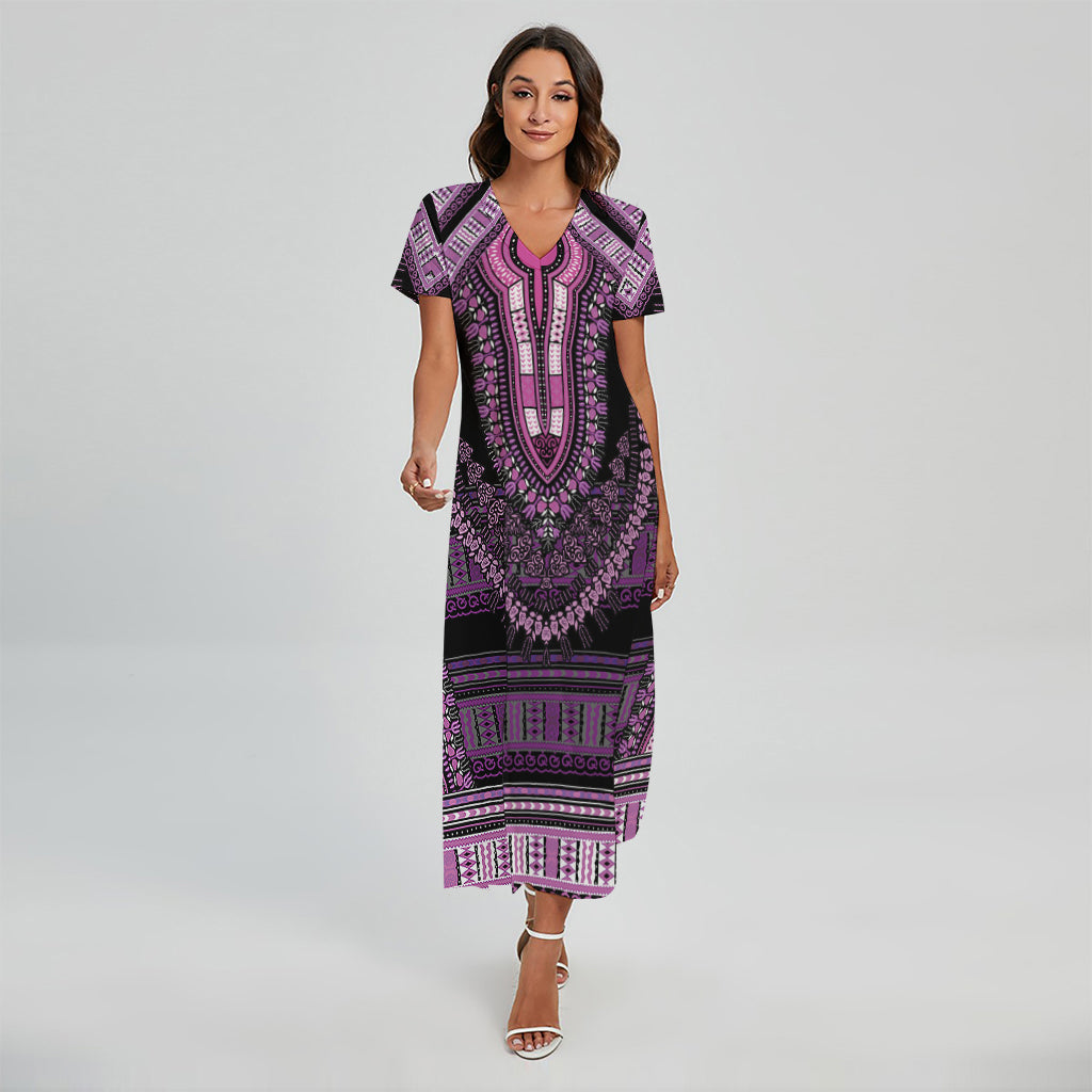 Purple And Black African Dashiki Print Short Sleeve Maxi Dress