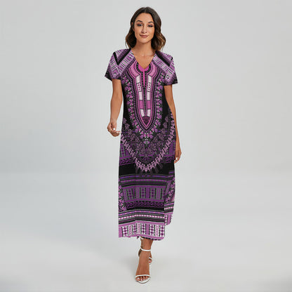 Purple And Black African Dashiki Print Short Sleeve Maxi Dress