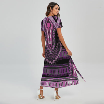 Purple And Black African Dashiki Print Short Sleeve Maxi Dress