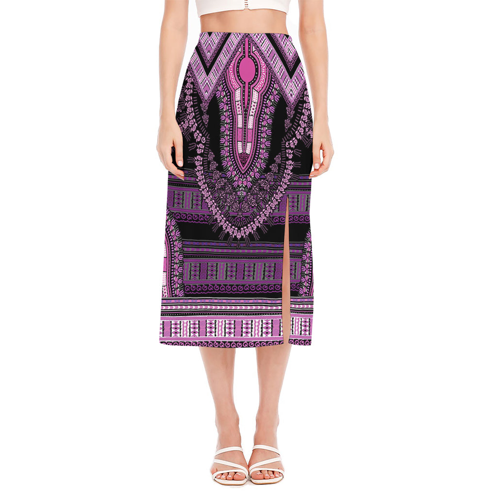 Purple And Black African Dashiki Print Side Slit Midi Skirt