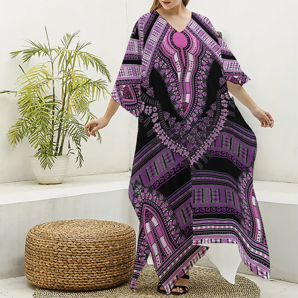 Purple And Black African Dashiki Print Silk V-Neck Kaftan Dress