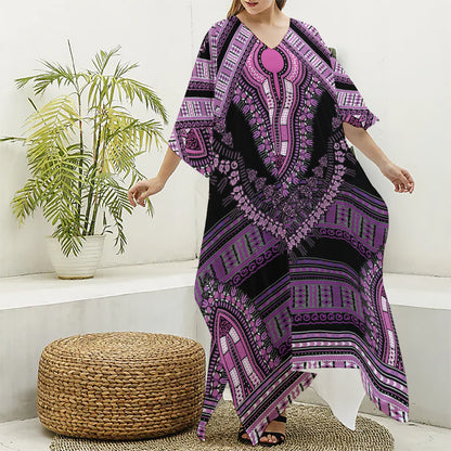 Purple And Black African Dashiki Print Silk V-Neck Kaftan Dress