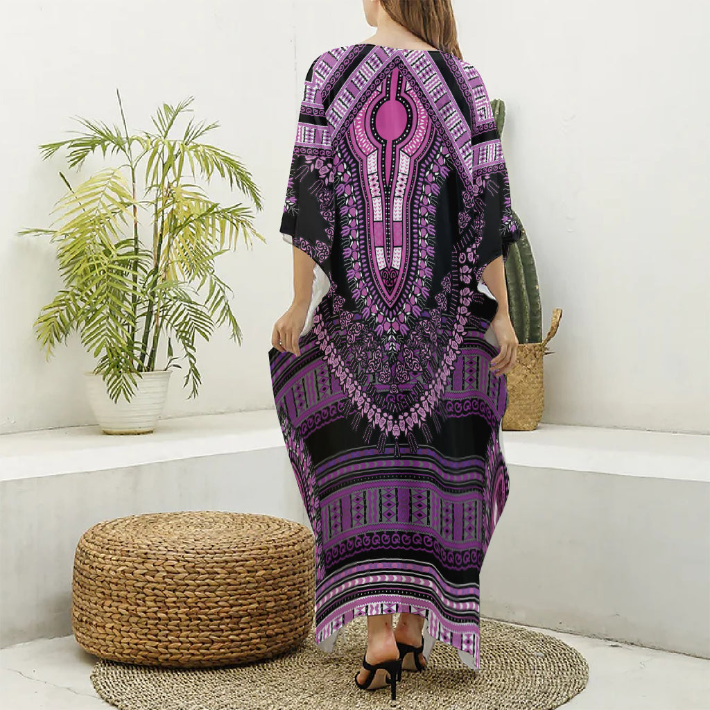 Purple And Black African Dashiki Print Silk V-Neck Kaftan Dress