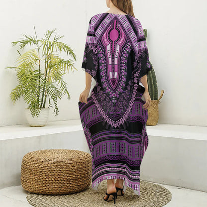 Purple And Black African Dashiki Print Silk V-Neck Kaftan Dress