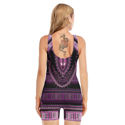 Purple And Black African Dashiki Print Sleeveless One Piece Swimsuit
