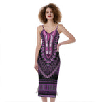 Purple And Black African Dashiki Print Slim Fit Midi Cami Dress