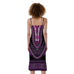 Purple And Black African Dashiki Print Slim Fit Midi Cami Dress