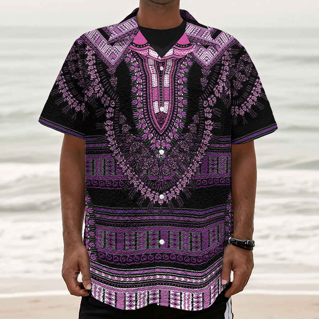 Purple And Black African Dashiki Print Textured Short Sleeve Shirt