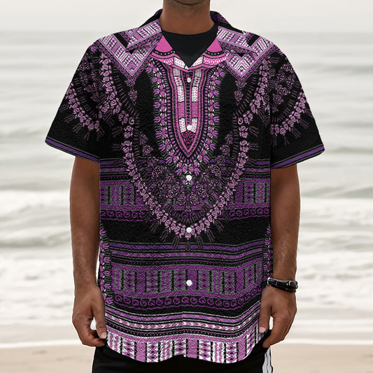 Purple And Black African Dashiki Print Textured Short Sleeve Shirt