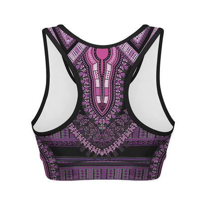 Purple And Black African Dashiki Print Women's Sports Bra