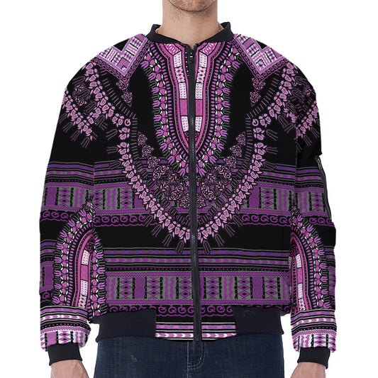 Purple And Black African Dashiki Print Zip Sleeve Bomber Jacket