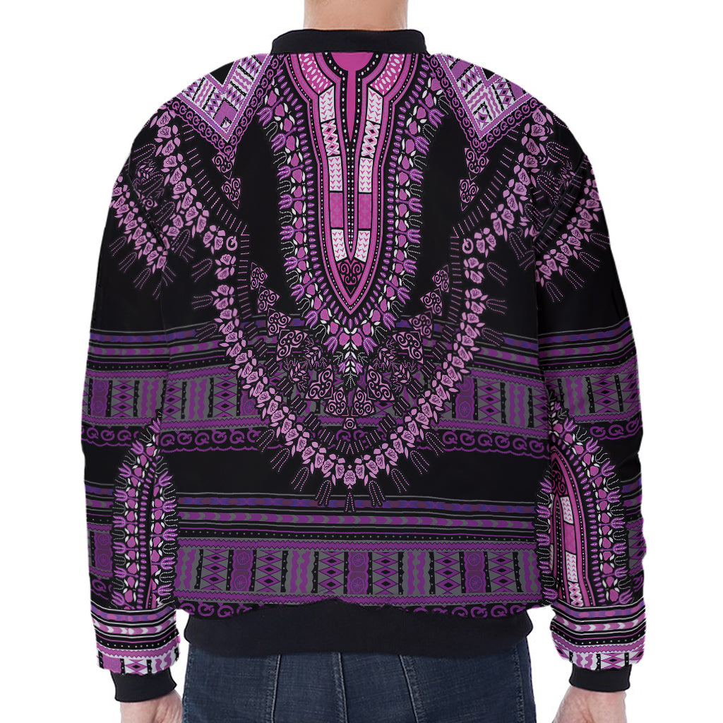 Purple And Black African Dashiki Print Zip Sleeve Bomber Jacket