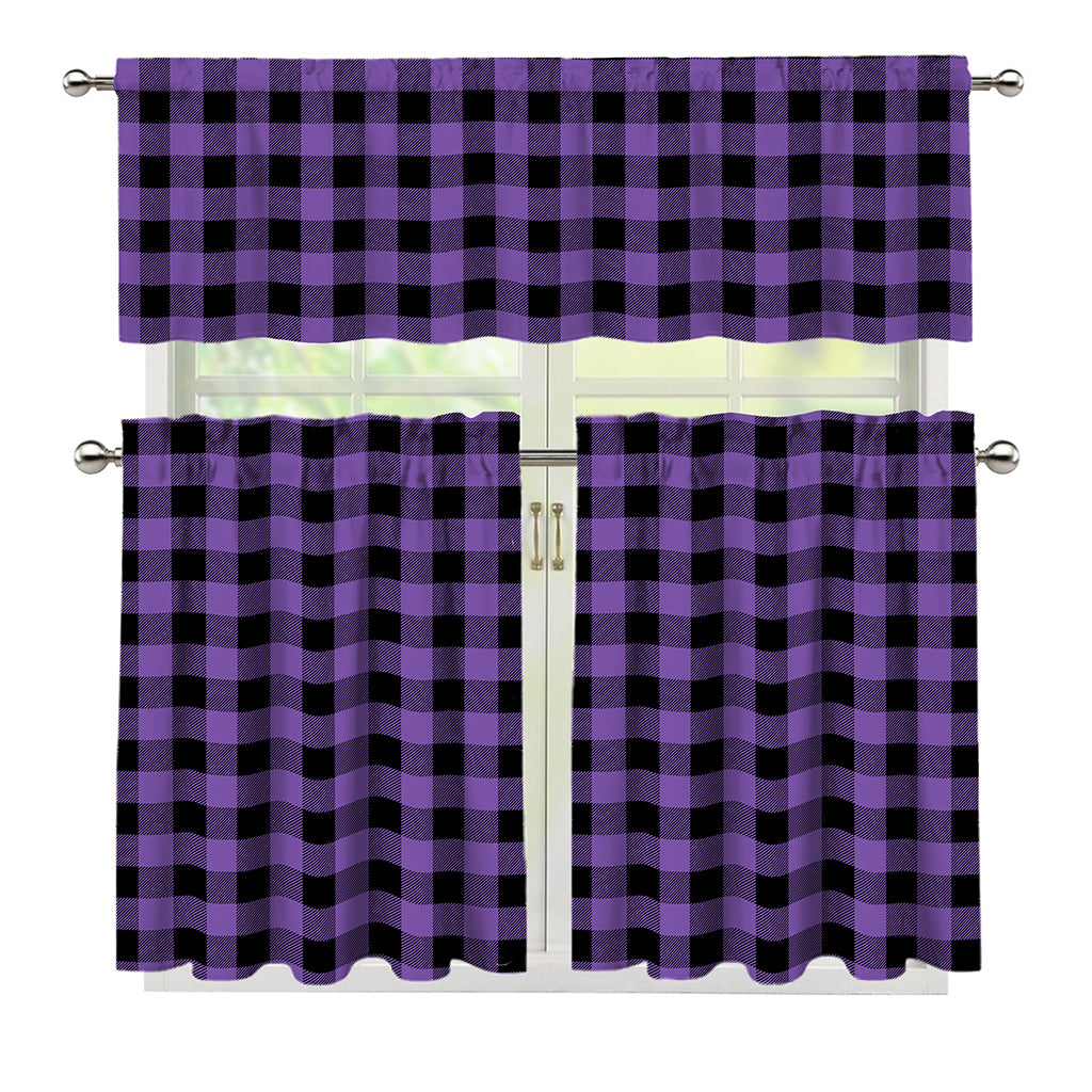 Purple And Black Buffalo Check Print 3 Piece Kitchen Curtains