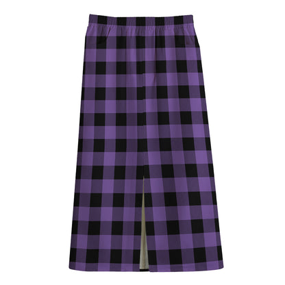 Purple And Black Buffalo Check Print Cotton Front Slit Maxi Skirt