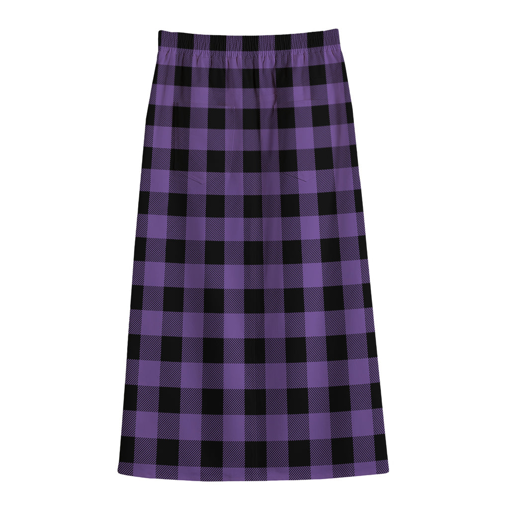 Purple And Black Buffalo Check Print Cotton Front Slit Maxi Skirt