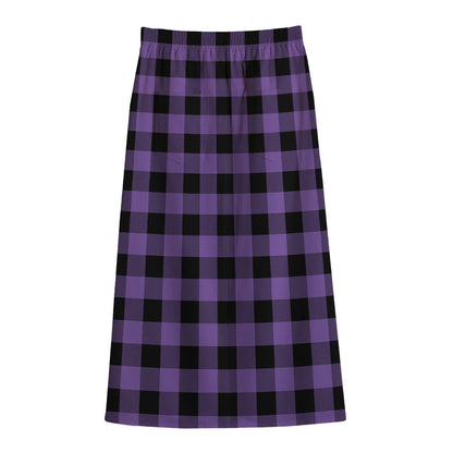 Purple And Black Buffalo Check Print Cotton Front Slit Maxi Skirt