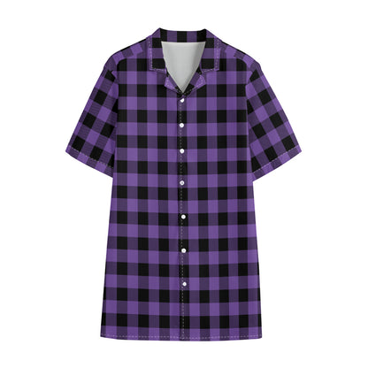 Purple And Black Buffalo Check Print Cotton Hawaiian Shirt