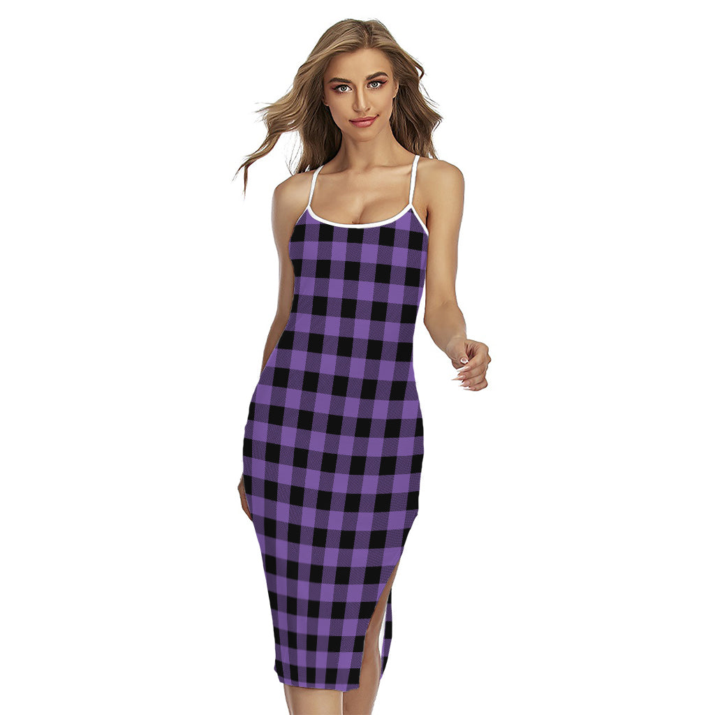 Purple And Black Buffalo Check Print Cross Back Cami Dress
