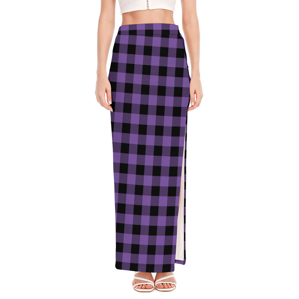 Purple And Black Buffalo Check Print High Slit Maxi Skirt