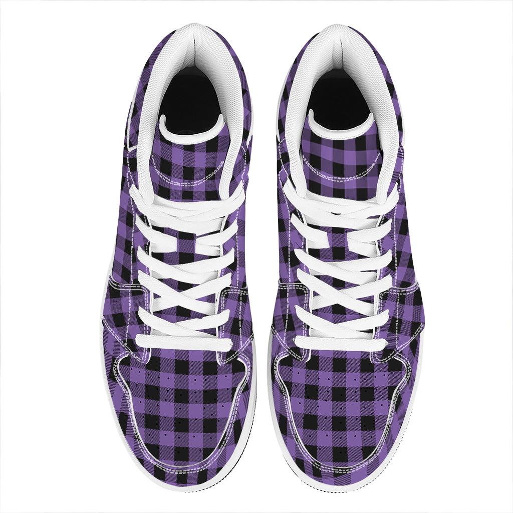 Purple And Black Buffalo Check Print High Top Leather Sneakers