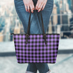 Purple And Black Buffalo Check Print Leather Tote Bag