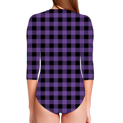 Purple And Black Buffalo Check Print Long Sleeve Swimsuit