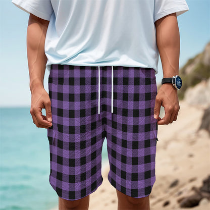 Purple And Black Buffalo Check Print Men's Cargo Shorts