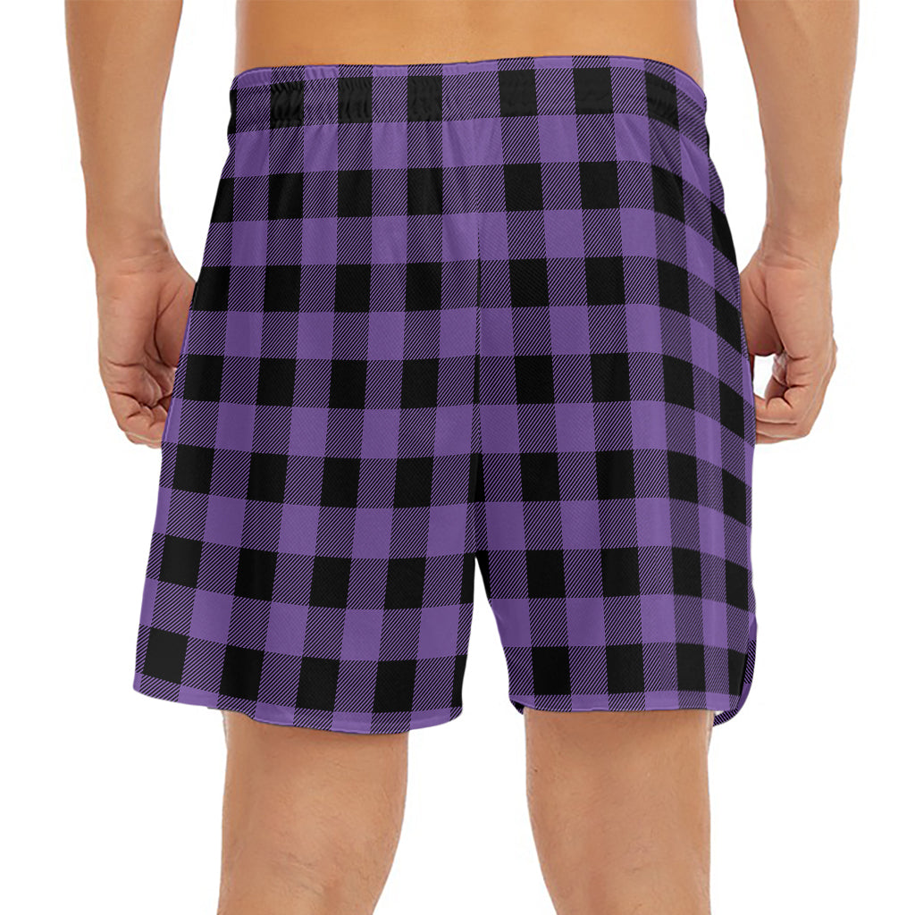 Purple And Black Buffalo Check Print Men's Split Running Shorts
