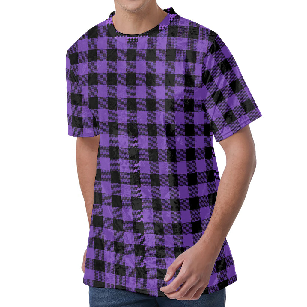 Purple And Black Buffalo Check Print Men's Velvet T-Shirt