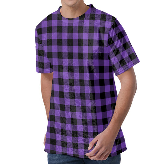 Purple And Black Buffalo Check Print Men's Velvet T-Shirt