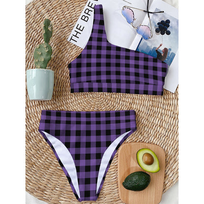 Purple And Black Buffalo Check Print One Shoulder Bikini Top